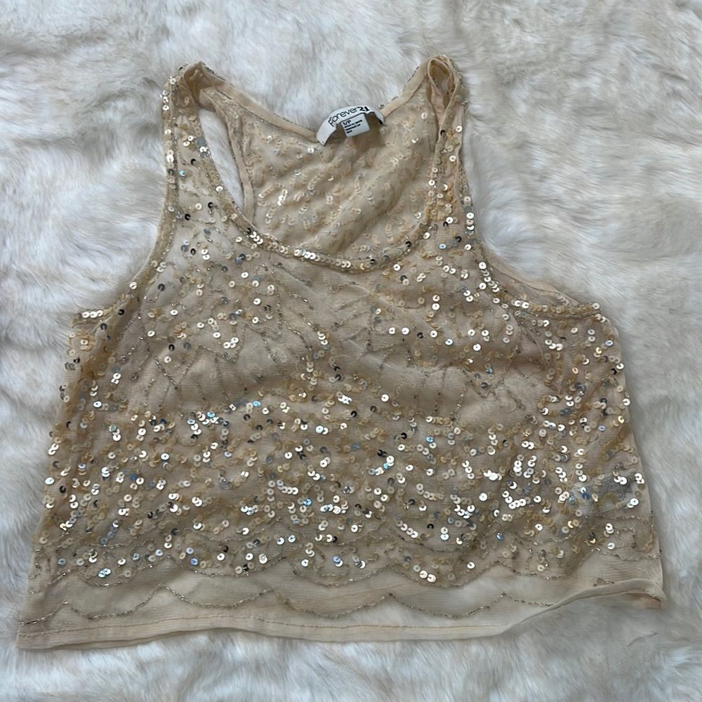 Sequin Crop top, beaded bride, New Yearโs Eve Halloween forever 21 cream silver